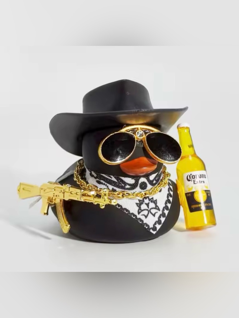 Novelty Black Rubber Duck with Black Hat and Sunglasses with gun and Corona